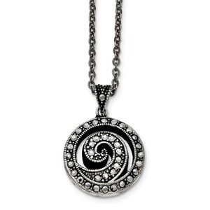 Marcasite Swirl Round Necklace in Antiqued Stainless Steel, 18 Inch